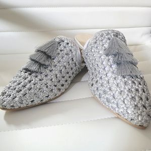 Rag & Co MELANIE Silver Tassels Embellished Woven Flat Mules
